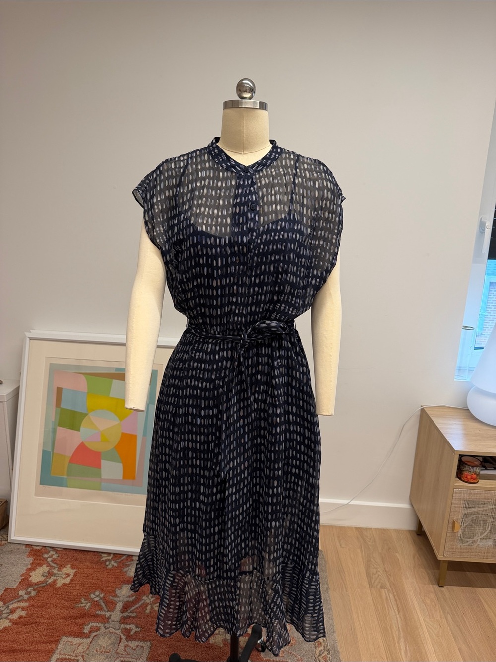 Club Monaco Navy Printed Sheer Belted Midi Dress